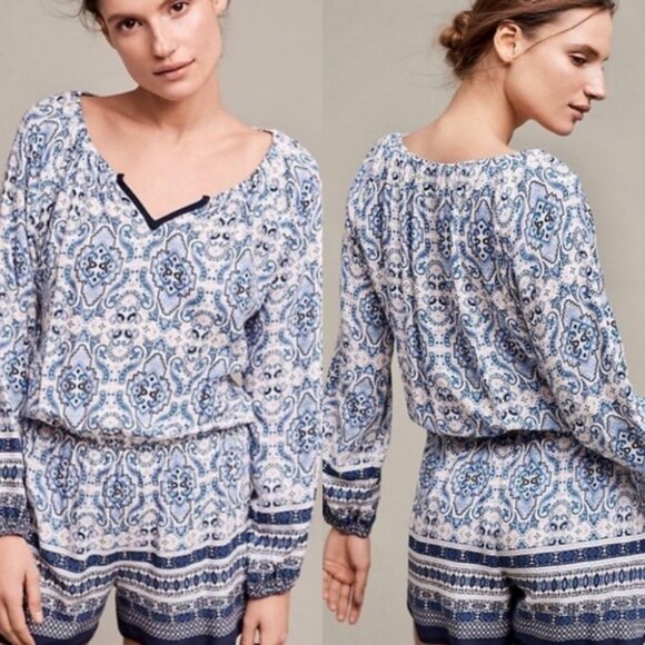 Anthropologie Paisley Print Romper Long Sleeves Blue White Bohemian XS Elevenses - Picture 1 of 16